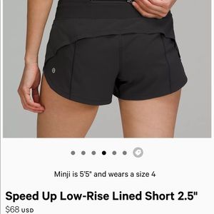 lululemon speed up shorts, size 2